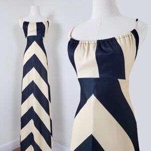 70s chevron maxi dress halter sleeveless asymmetrical open back floor length